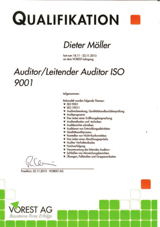 Qualifikation von Dieter Möller als Auditor 9001